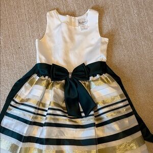Rare Editions White and Gold Striped Dress with Black Bow